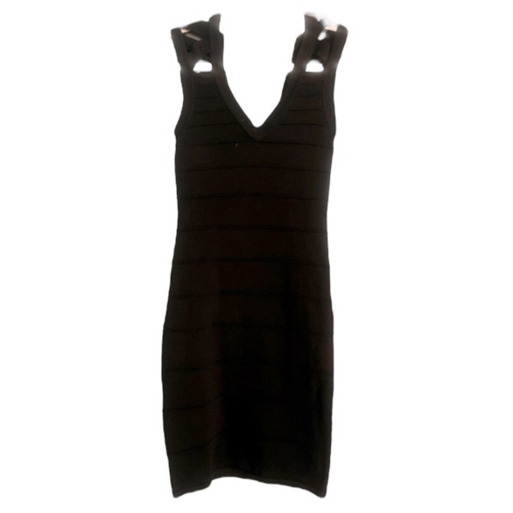 ARDEN B Black Knit Ribbed Mini Striped V-Neck Bandage Cutout Bodycon Dress XS - Picture 1 of 13